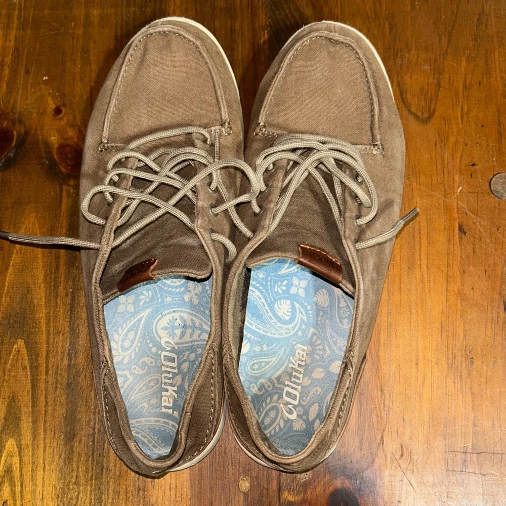 OluKai Manoa Mens 10 Canvas Sneakers Brown Lace Up Shoes 10331-1333